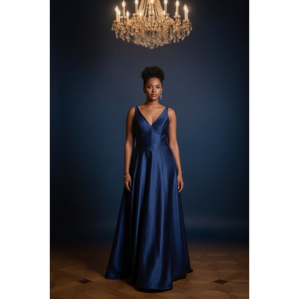 Betsy & Adam Gown Size 14 Navy Blue High-Low Tulle Maxi Dress Wedding Holiday